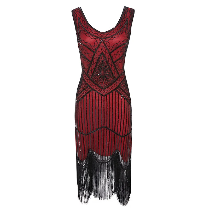 Wine Dress 1920s Гэтсби блесток бахромой Пейсли Хлопушка платье с 20s аксессуары набор xs, s, l, m, xl, xxl - Цвет: Wine Dress