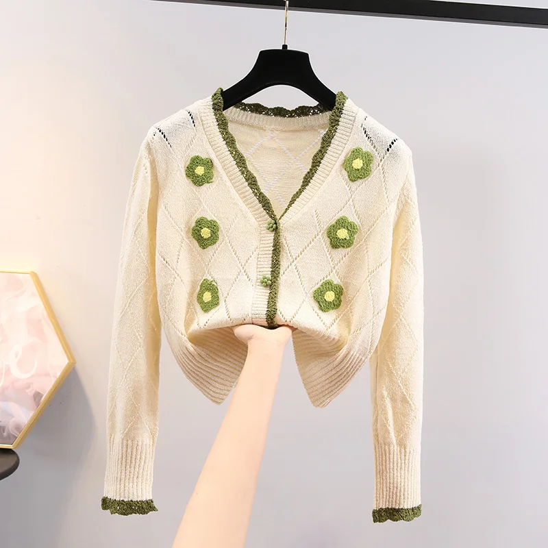 

2021 Autumn New Thin Knitted Cardigan Jacket Women Vintage Embroidered Hollow Long Sleeve Sweater Coats Femme Short Tops Fashion