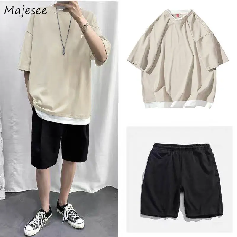 Комплект мужской однотонный в стиле пэчворк простая футболка до колен брюки