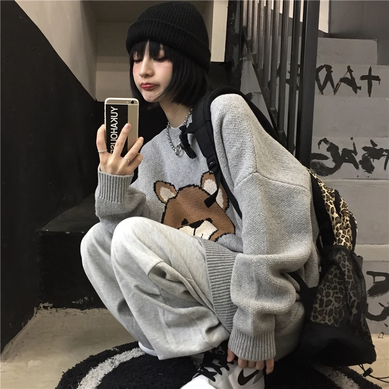 

Women Japan Style Fall Cartoon Bear Embroidery Pullover Knitting Sweater Female Casual Warm Harajuku Sweet Kawaii Winter Clothes