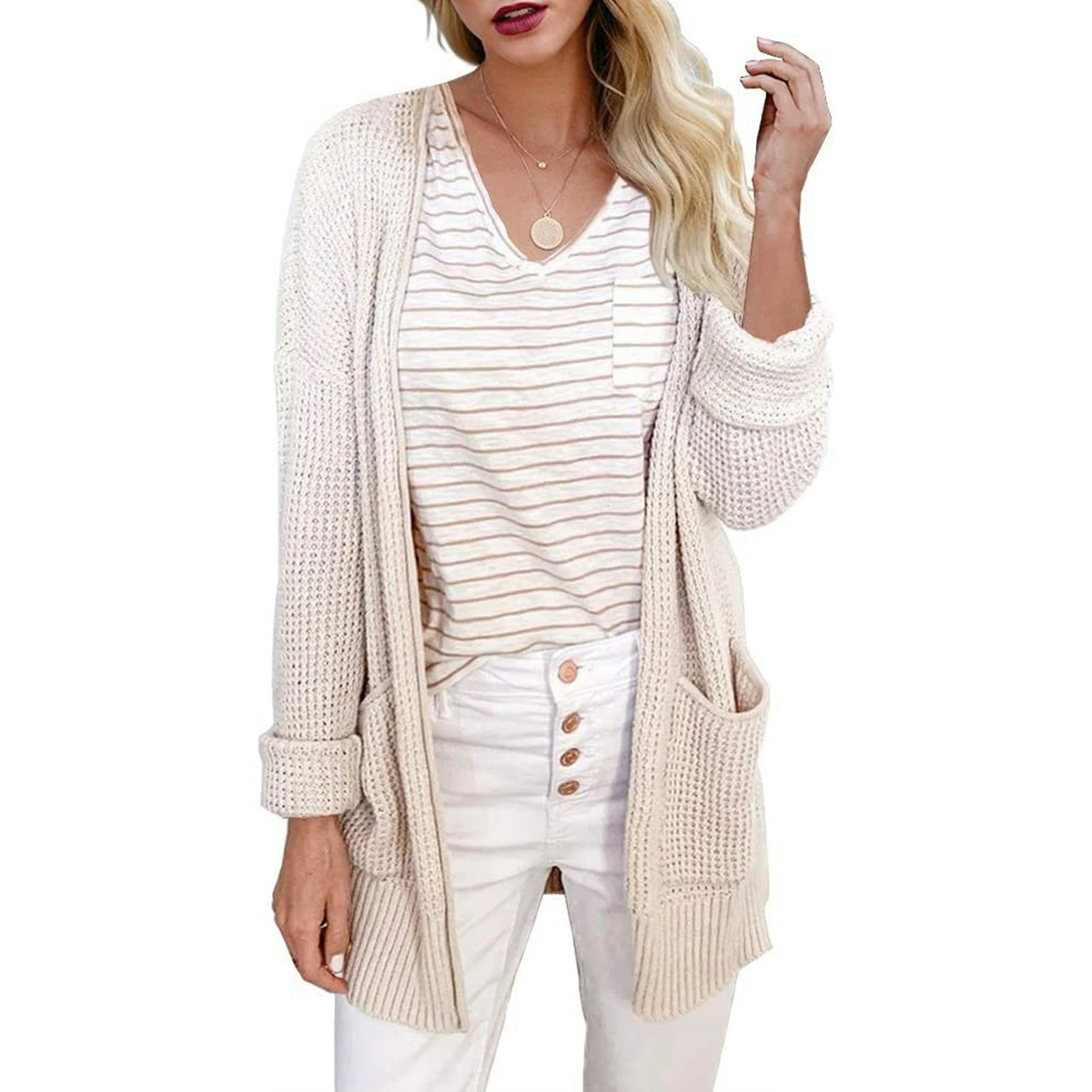 

Womens Knitted Cardigan Solid Color Sweater, Bohemian Long Sleeve Thick Warm Mesh Coat