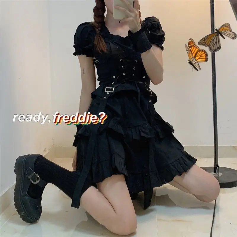 

QWEEK Women's Gothic Lolita Dress Gothic Punk Mall Goth Kawaii Cute Ruffle Bandage Black Mini Dress 2021 Emo Clothes Summer