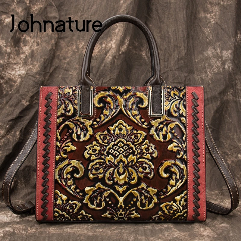 Johnature Retro Embossing Women Handbag 2022 New Genuine Leather Large Capacity Luxury Handbags Leisure Buckets Shoulder Bags