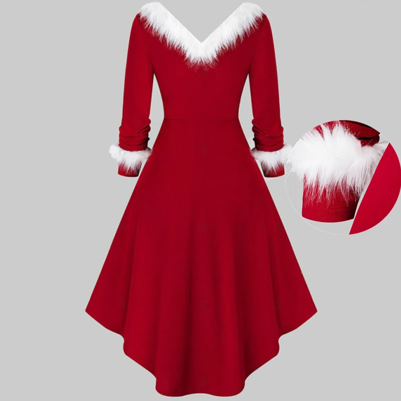 

SKMY Winter Sexy V-Neck Red Christmas Long Sleeve Midi Swing Princess Dress White feather Asymmetric Women Party Santa Costume