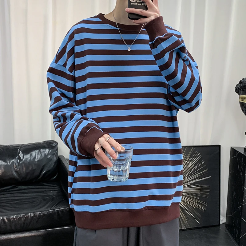 

2022 Trend Striped Men Tshirt Teenagers Hit Color Loose All-Match Fashion Harajuku Long Sleeve Clothes Woman Oversize Streetwear