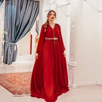 red simple v neck summer dress a line floor length moroccan caftan saudi arabia special occasion prom dress formal evening dress