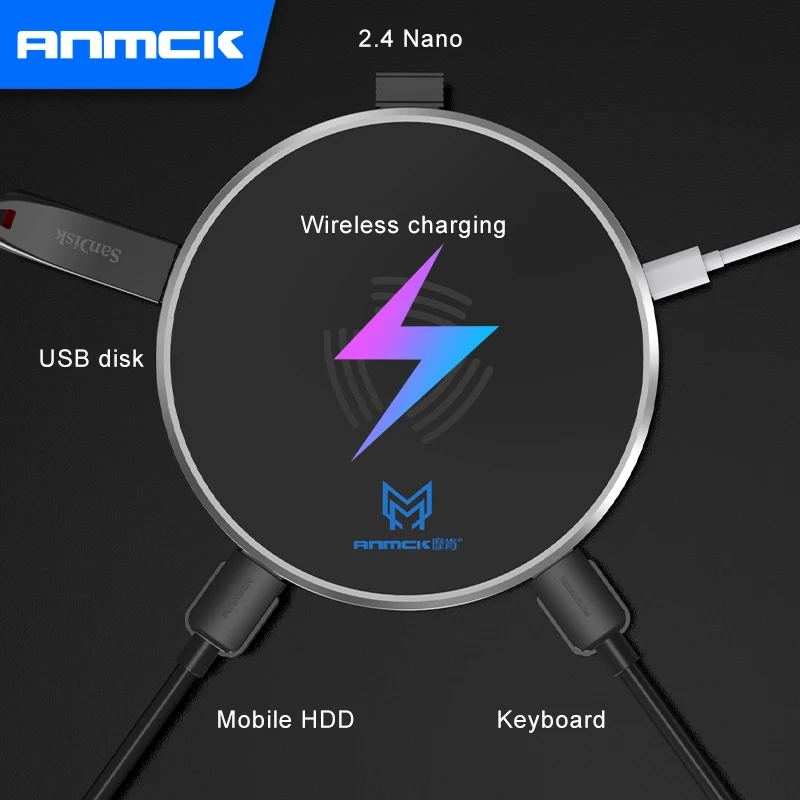 Anmck USB 2 0 концентратор с Беспроводной Зарядное устройство 4 Порты и разъёмы