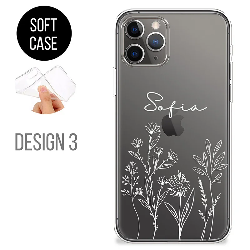 Floral PERSONALISED phone case initials name soft Transparent cover for iphone 13 11 12 14 Pro Max mini SE 7 8 Plus X Xs max Xr