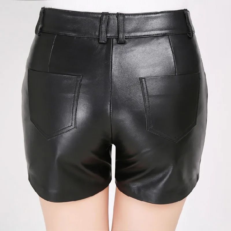 Fashion New Women Sheepskin Genuine Leather Shorts Top Quality Zipper Fly Back Pockets Button Waist Straight Female Modis Shorts