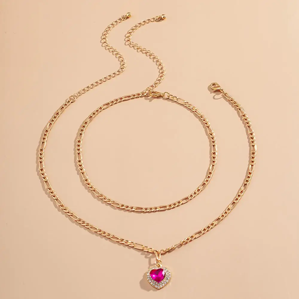 

Red Rhinestone Necklace for Women Bling Crystal Love Heart Pendant Necklace for Girls Gift Multilayer Necklaces Wedding Jewelry