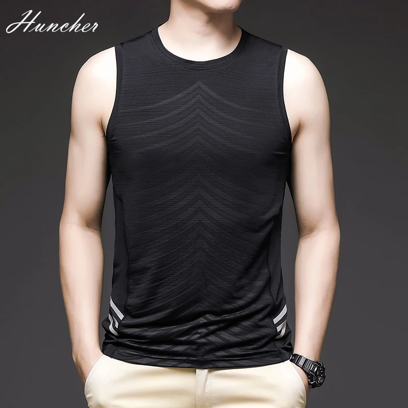 

Huncher Men's Tank Top 2021 Summer Gym Clothing Fitness Shirt Slim Fit Quick Drying Men Vest Elastic Ice Fabric Singlets For Men