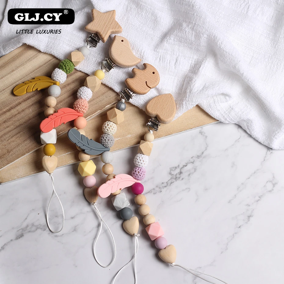

Safe Beech Beads Baby Pacifier clips Clip Baby Star Pacifier Leashes Chain For Baby Teething Soother Chew Toys Baby Care