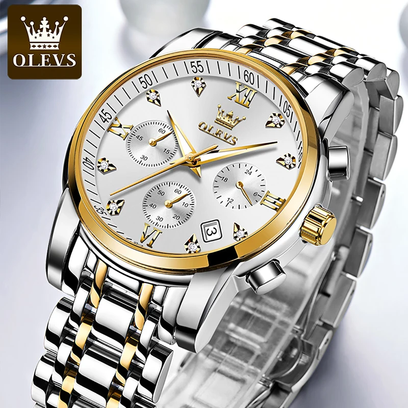 

Мужские многофункциональные часы OLEVS в деловом стиле, хронограф с тремя глазами, водонепроницаемость 30 м, светящиеся кварцевые часы, мужски...