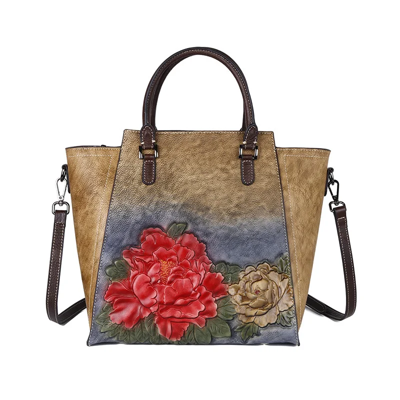 

2021 new color contrast headcoat cow leather embossing and color wiping large capacity messenger bag for women