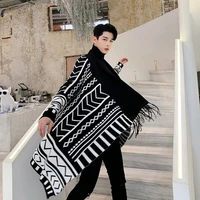 new men long sleeve geometric pattern tassel no button knitted cardigan sweater coat male japan streetwear jacket outerwear