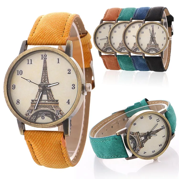 Часы наручные женские джинсовые повседневные винтажные кварцевые 2 цвета желтые