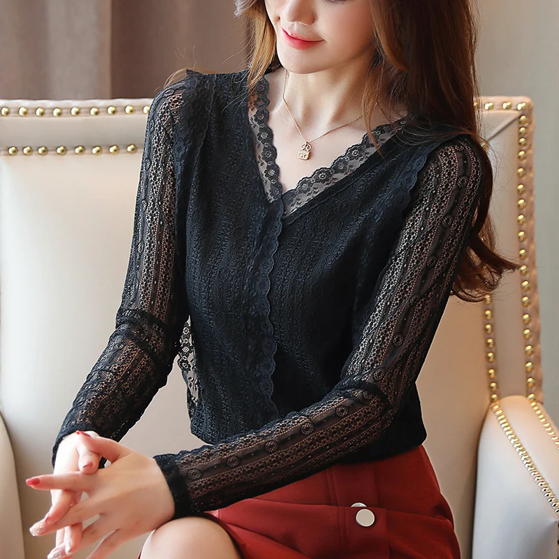

Womens Tops and Blouses 2020 Cotton Blouse Solid V-neck Ladies Lace Tops Women Shirts Blusas Feminine