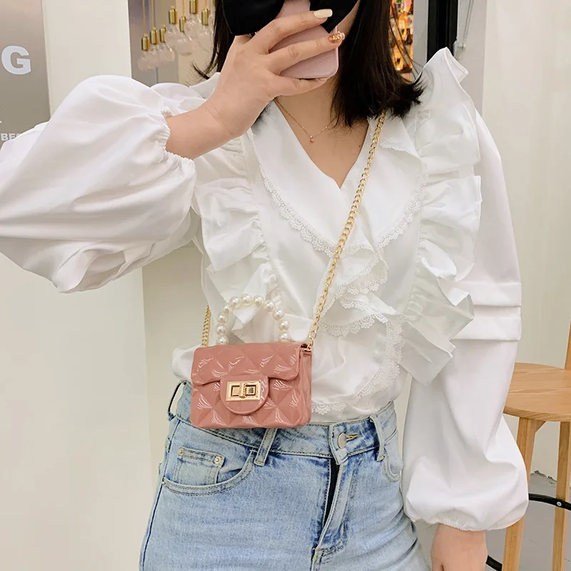 

Vintage Women Pure Color Lingge Chain Shoulder Crossbody Messenger Bag Casual Ladies Pearl Small Flap Square Handbag Purse