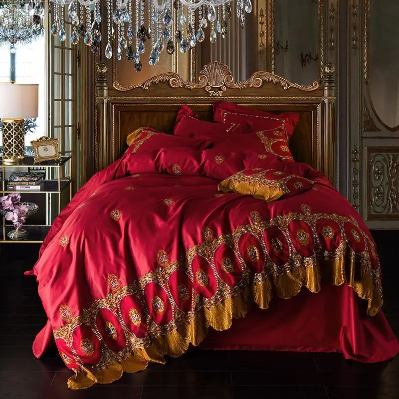 

40Cotton Luxury Lace Golden Red Bedding set Queen King size Bed set Duvet cover Bed sheet set