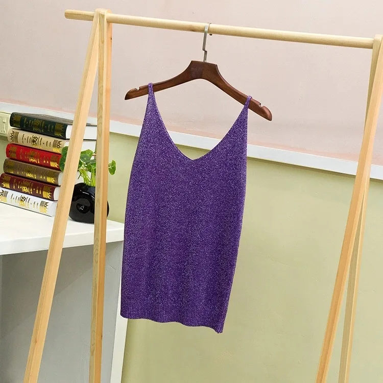 

Vest\Bright silk knitted camisole women's summer thin short slim sexy silver bottoming shirt M3002