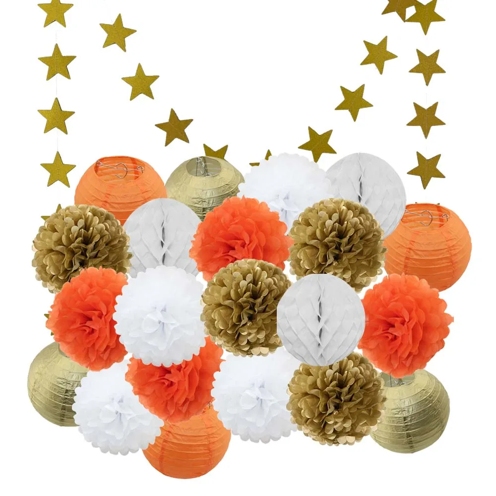 Gold Orange Set Лидер продаж 22 шт./компл. золото/черный/белая Круглая Бумажная Фонари Выпускной 50th День рождения одолжение рождественское год висит Изделия из бумаги - Color: Gold Orange Set