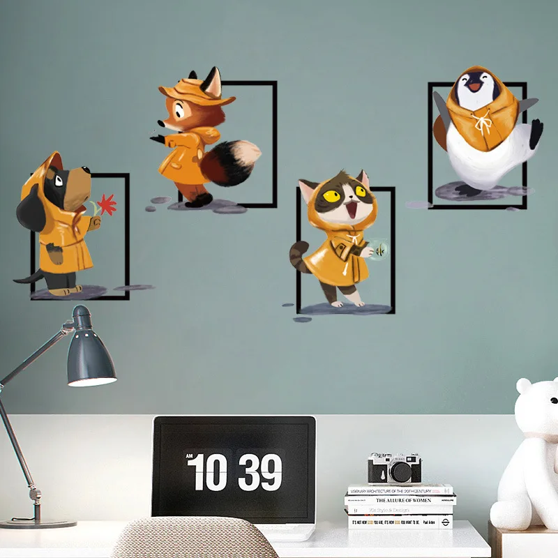 

It's raining cartoon Animals Wall Sticker dog Cat Fox Penguin Art Decals Decals for Living Room Bedroom Home Decor