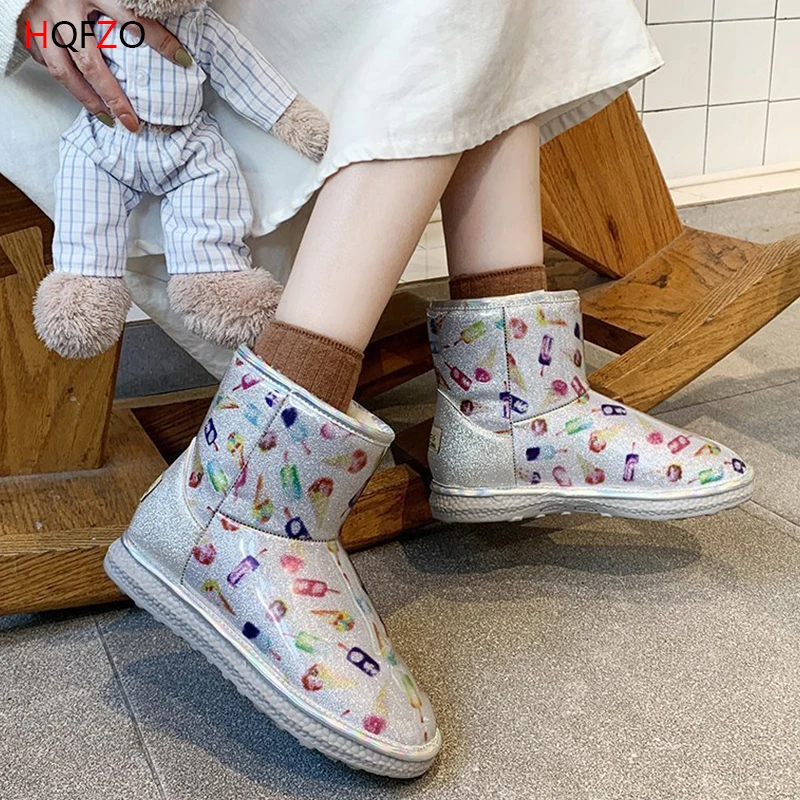

HQFZO Fashion Waterproof Women Snow Boots Platform Bling Plush Ladies Winter Botas Flats Short Shoes 2020 New Brand Quality
