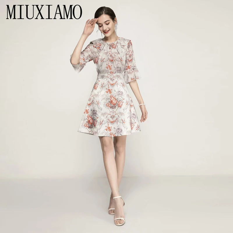 

MIUXIMAO 2021 Summer Runway New Women'S Print Vintage Casual Beach Elegant Chic Girls Sleeve Fashion Mini Dress Vestidos