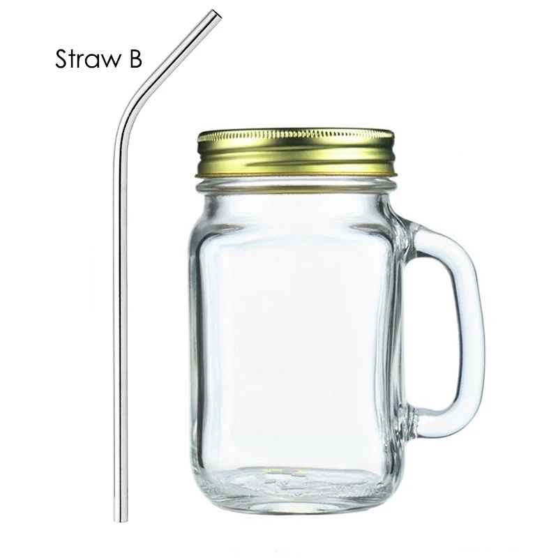 

Glass Mason Jars with Straw Silver Metal Airtight Lids for Juice Milk Cup Mugs Handle Regular Reusable RR2123