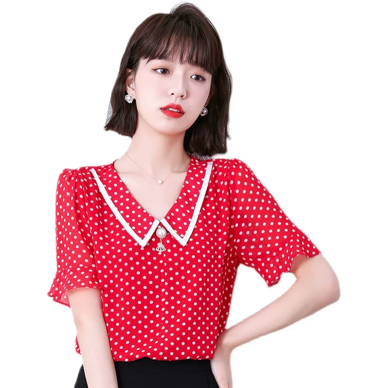 

Summer Korean Fashion Womens Tops and Blouses Chiffon Women Blouses Short Sleeve White Shirts Black Ladies Tops