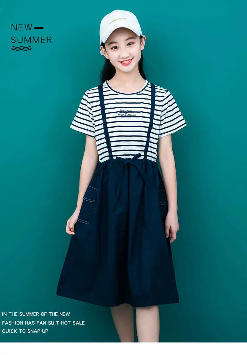Летняя одежда для девочек-подростков детские платья из двух предметов с ложным