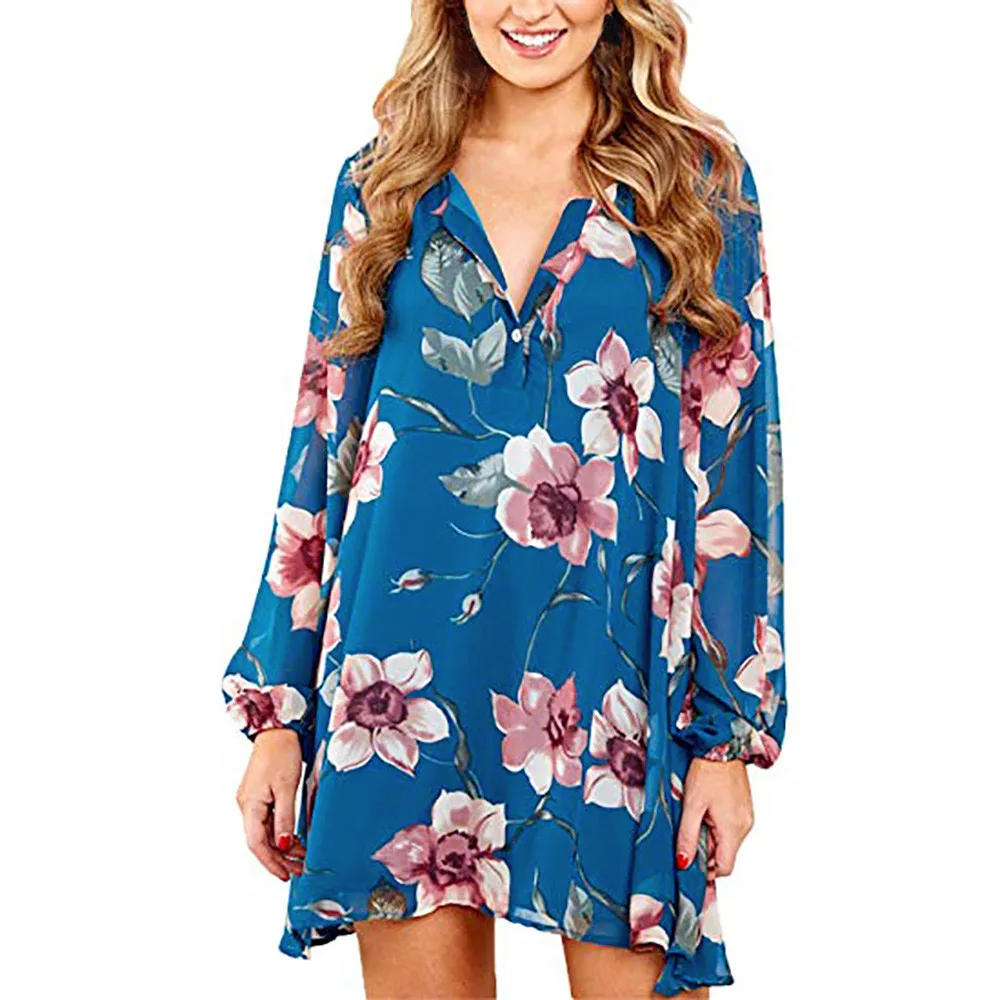 Женское платье с v-образным вырезом и цветочным принтом Пляжное мини-платье