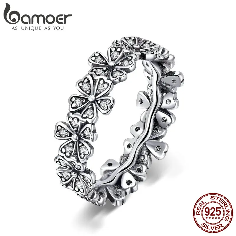 BAMOER 925 Sterling Silver Stacked Daisy Flower Finger Ring Floral Ring for Women Gift Romantic Retro Style Fine Jewelry SCR397