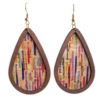 vintage classic colorful leather wood teardrop dangle drop earrings for women wooden jewelry for newest trendy