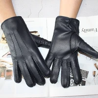 new hand stitched touch screen leather mens deerskin gloves wool knit lining black corrugated driving gloves