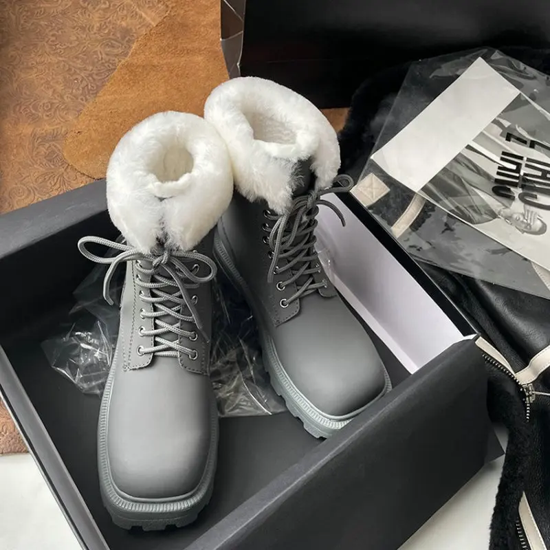 

ZawsThia Genuine Cow Natural Leather Grey Army Boots Platform Chunky Heels Warm Fur Plush Lined Winter Womens Martin Snow Boots