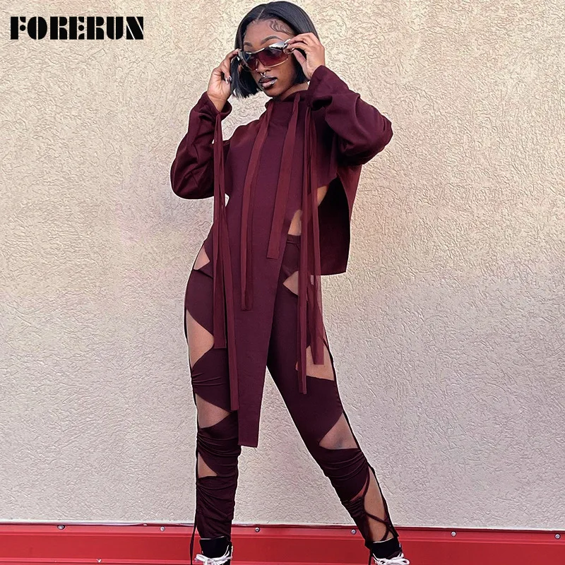 

Женские свитшоты FORERUN, свитшоты с длинным рукавом, уличная одежда, Сексуальные облегающие брюки с вырезами, комплект из двух предметов