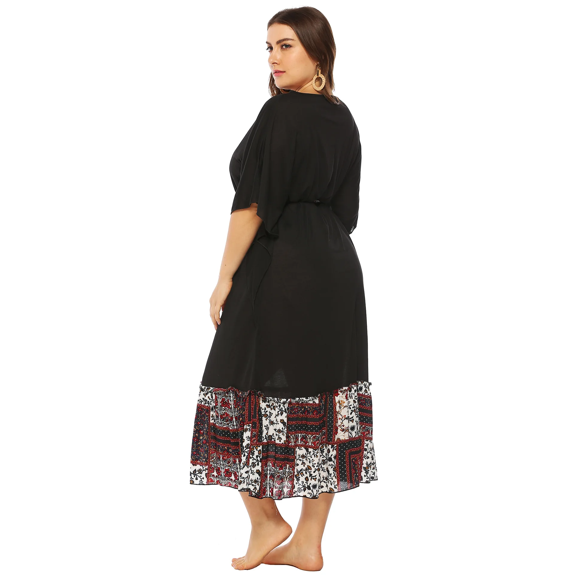 

printed dress vestidos stitching waistband woman dress black half sleeves plus size one piece summer dress