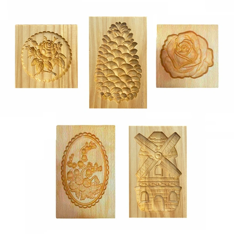 

5PCS 3D Wooden Gingerbread Biscuit Mold Pine Cones Cookie Cutters Rose Style Cookie Mold Baking Mould Portable DIY
