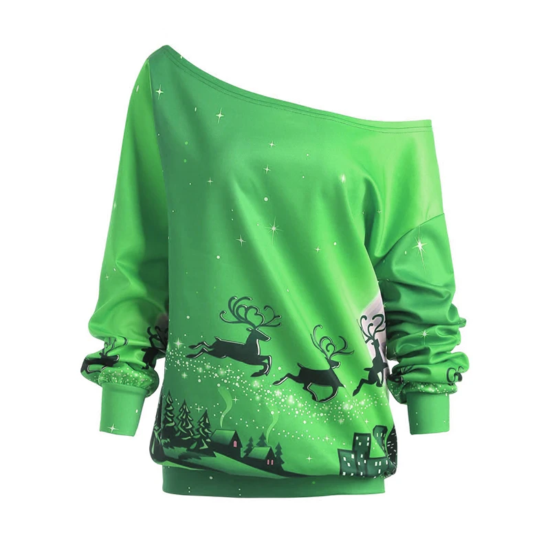 

Blue Christmas Deer Pattern Long Sleeve One Shoulder Pullovers Women Winter Fall Fashion Lovely Sweatshirts Ladies Tops Clothes