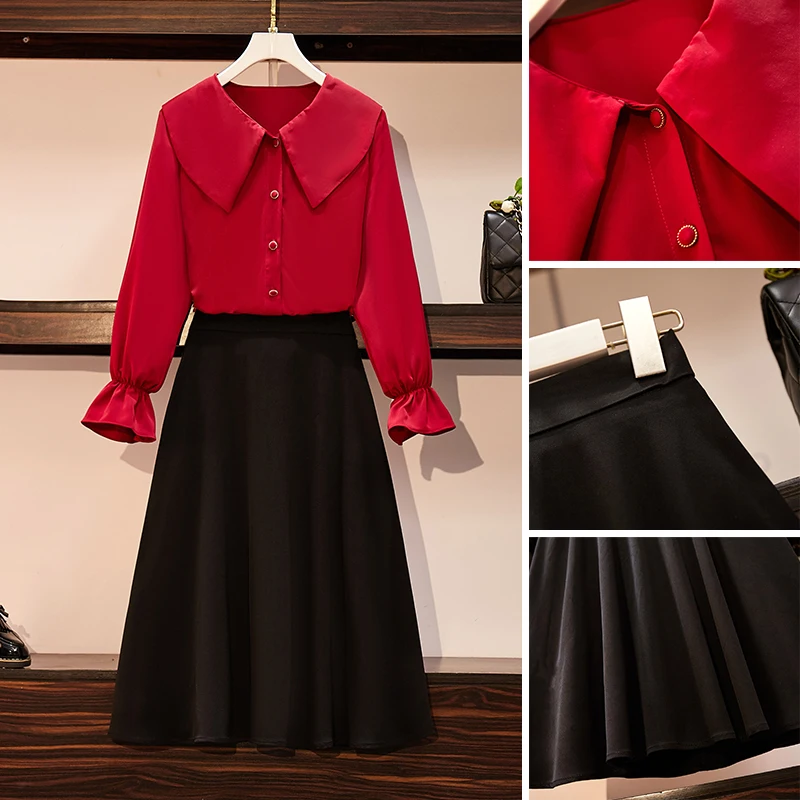 Женский Осенний элегантный костюм большого размера с юбкой красный топ и черная