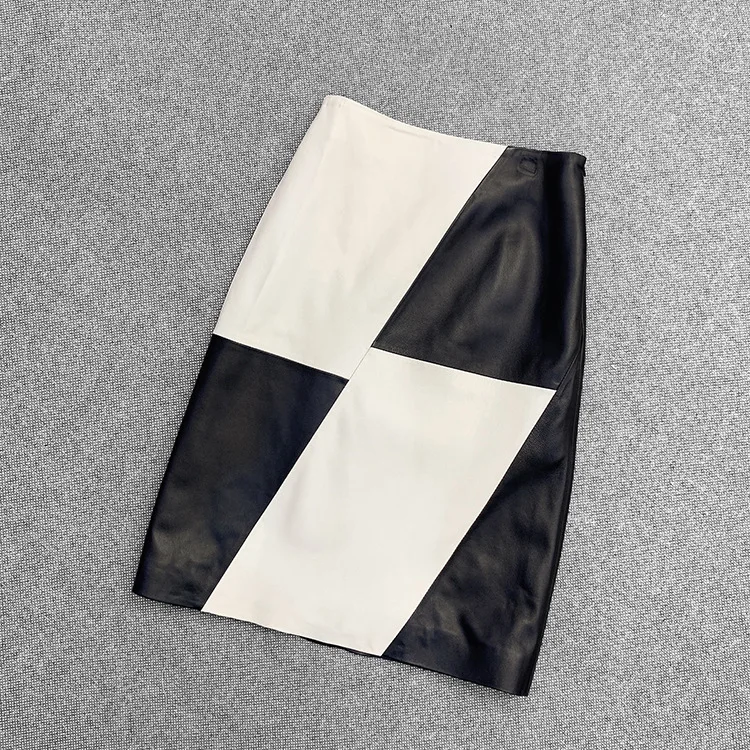 

2021 Sping runways High quality Genuine leather skirts Fashion women's black/white patchwork skirt C105