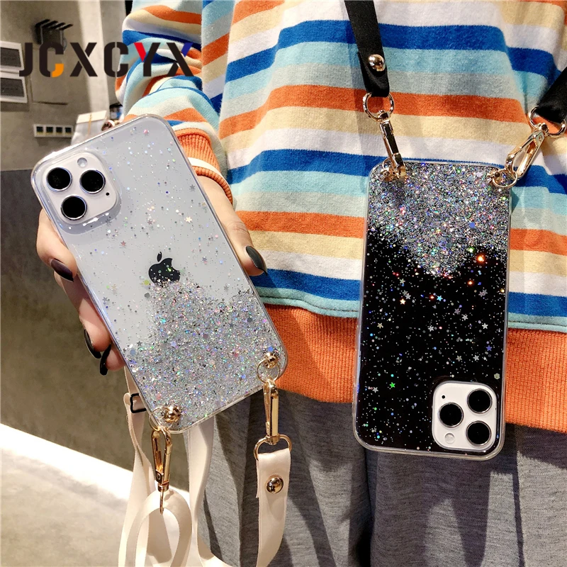

Glitter Transparent Crossbody Lanyard soft Phone Case For iphone 12 Pro Max 12 MiNi 11 Pro Max X XS Max XR 7 8 6 s Plus SE 2020