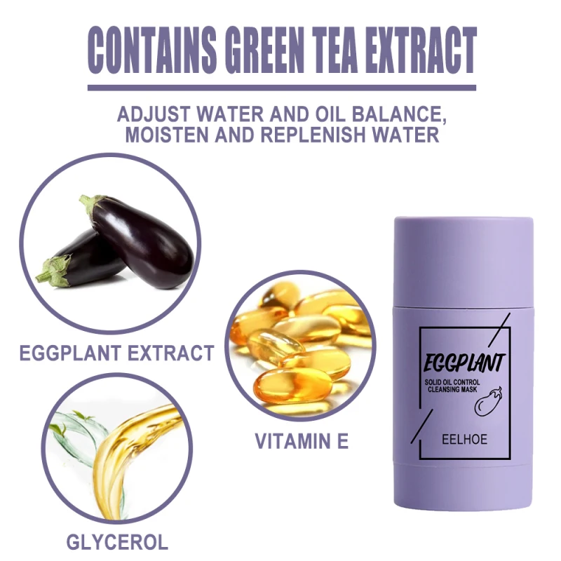 

Green Tea Cleansing Solid Mask Purifying Clay Stick Mask Oil Control Anti-Acne Eggplant Skin Care Whitening Face Care Clearing