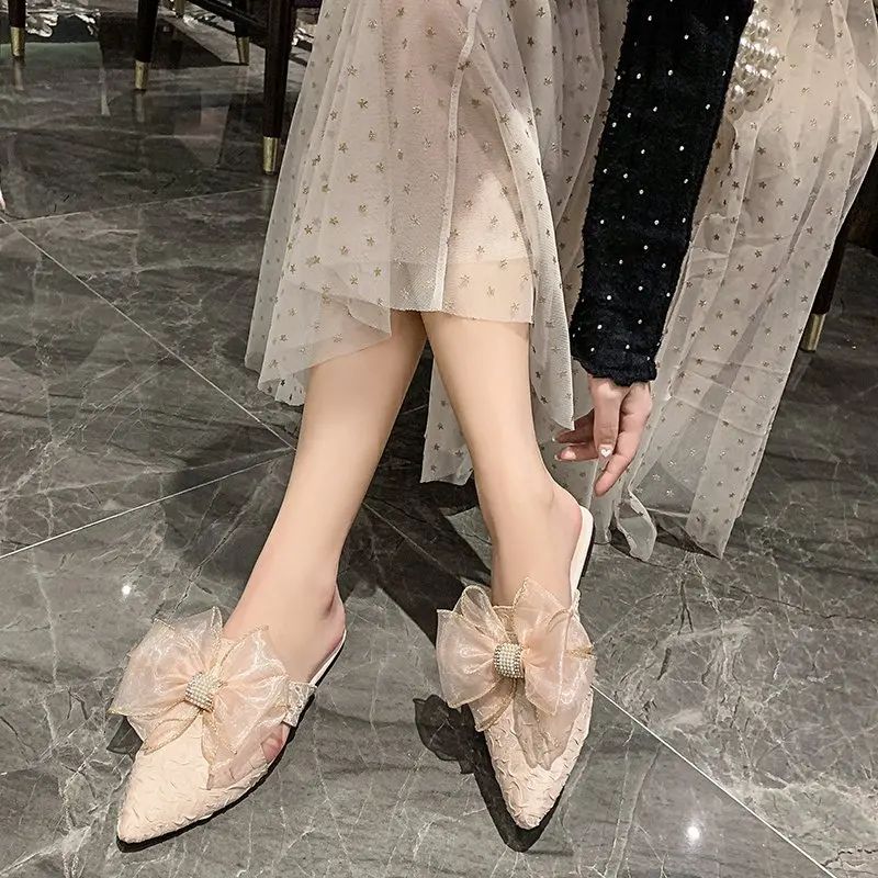 

Butterfly-Knot Shoes Cover Toe Ladies' Slippers Slipers Women Female Mule Low 2021 Pointed Flat Soft Mules Slides Basic Cotton F