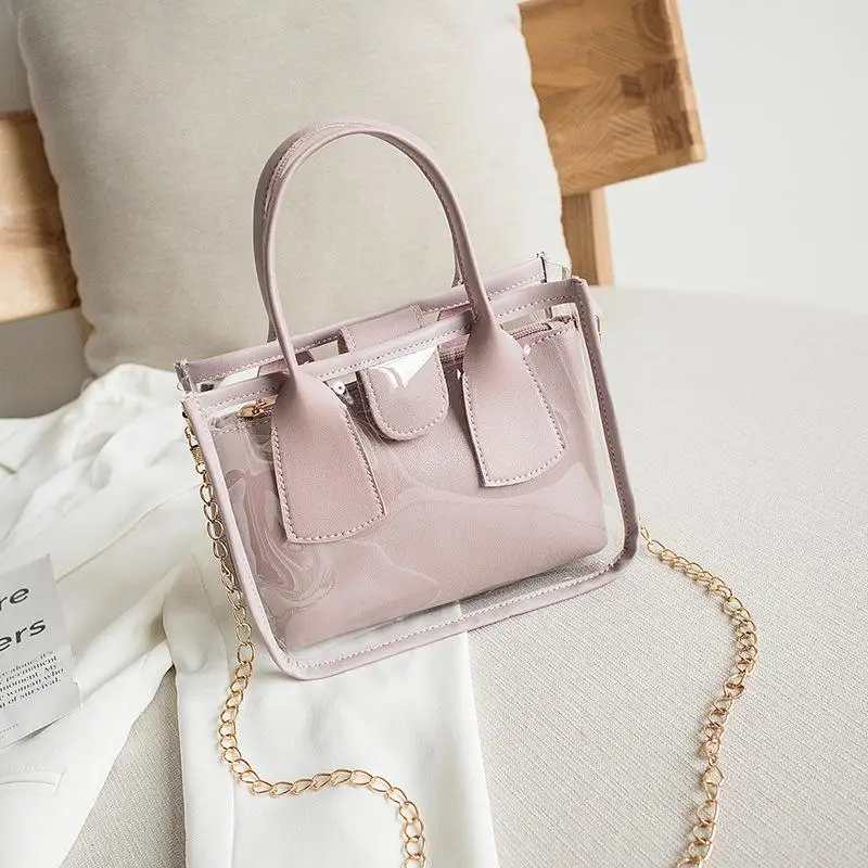 

2021 Fashion Trend Women Ladies Solid Color Crossbody Handbag PVC PU Leather Zipper Composite Bags Chain Shoulder Strap Purse