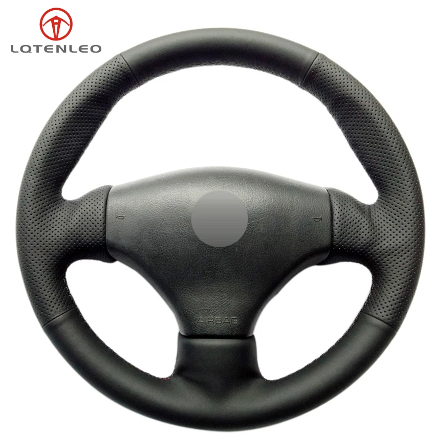 

LQTENLEO Black Genuine Leather Sew Car Steering Wheel Cover for Peugeot 206 1998-2005 206 SW 2003-2005 206 CC 2004 2005