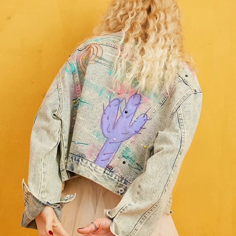 Новинка 2021 модная свободная ковбойская куртка с заклепками и струйным принтом
