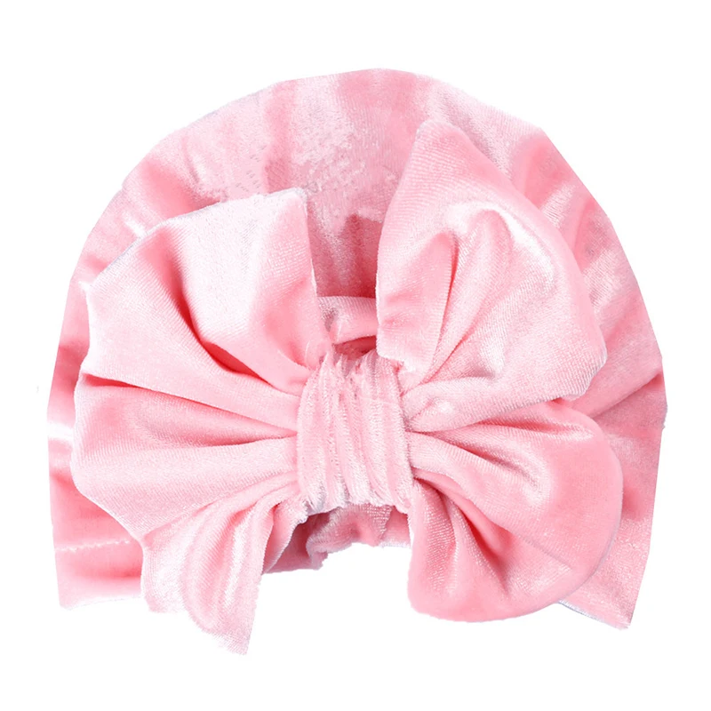 

2019 New Velvet Kids Hat for Girls Pink Big Bow Winter Caps Children Turban Hat Photography Props Elastic Kids Beanie Hat