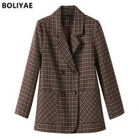 boliyae blazers for women brown plaid jacket spring autumn fashion commute casual suits office business outwear wool coat tops
